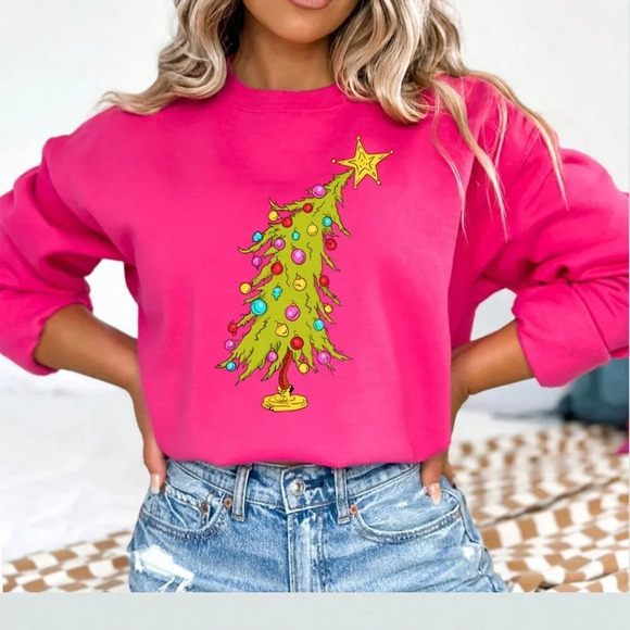 Tops - Hot Pink Casual Women's Christmas Tree Print Drop Shoulder Sweatshirt